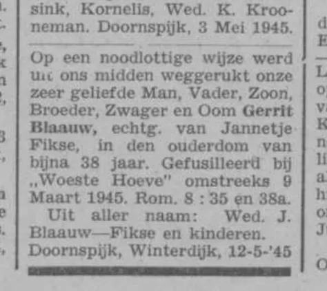 Family death notice published in the Elburger Courant in May 1945.