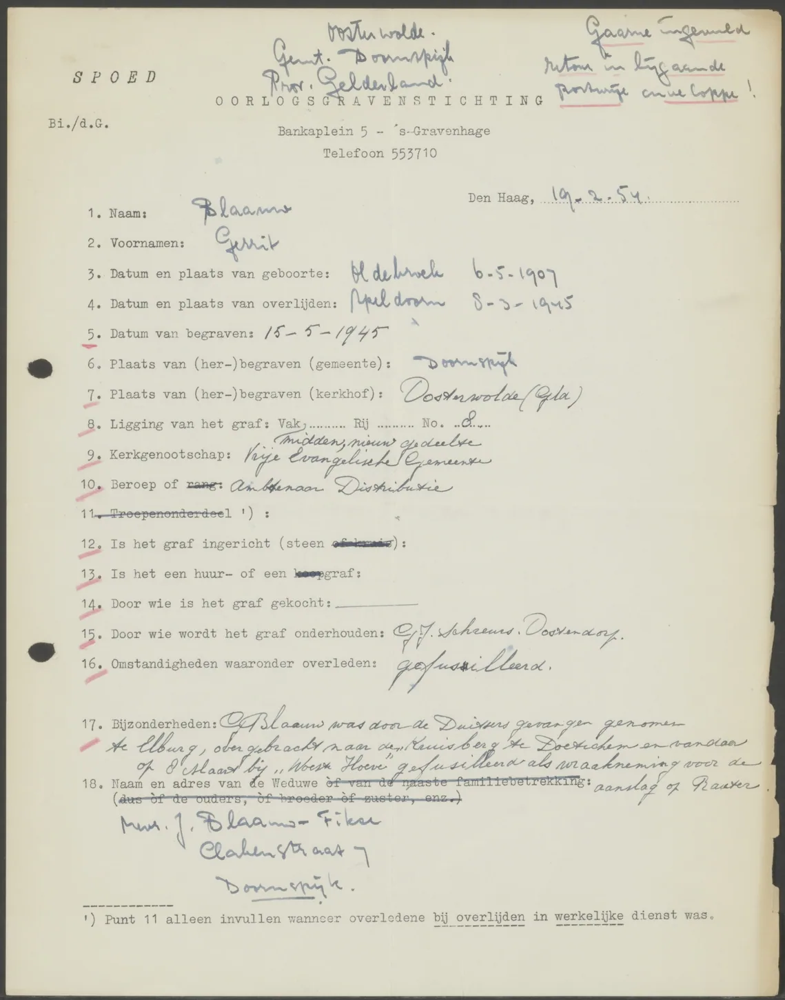 Postwar official questionnaire recording Gerrit’s arrest and imprisonment.