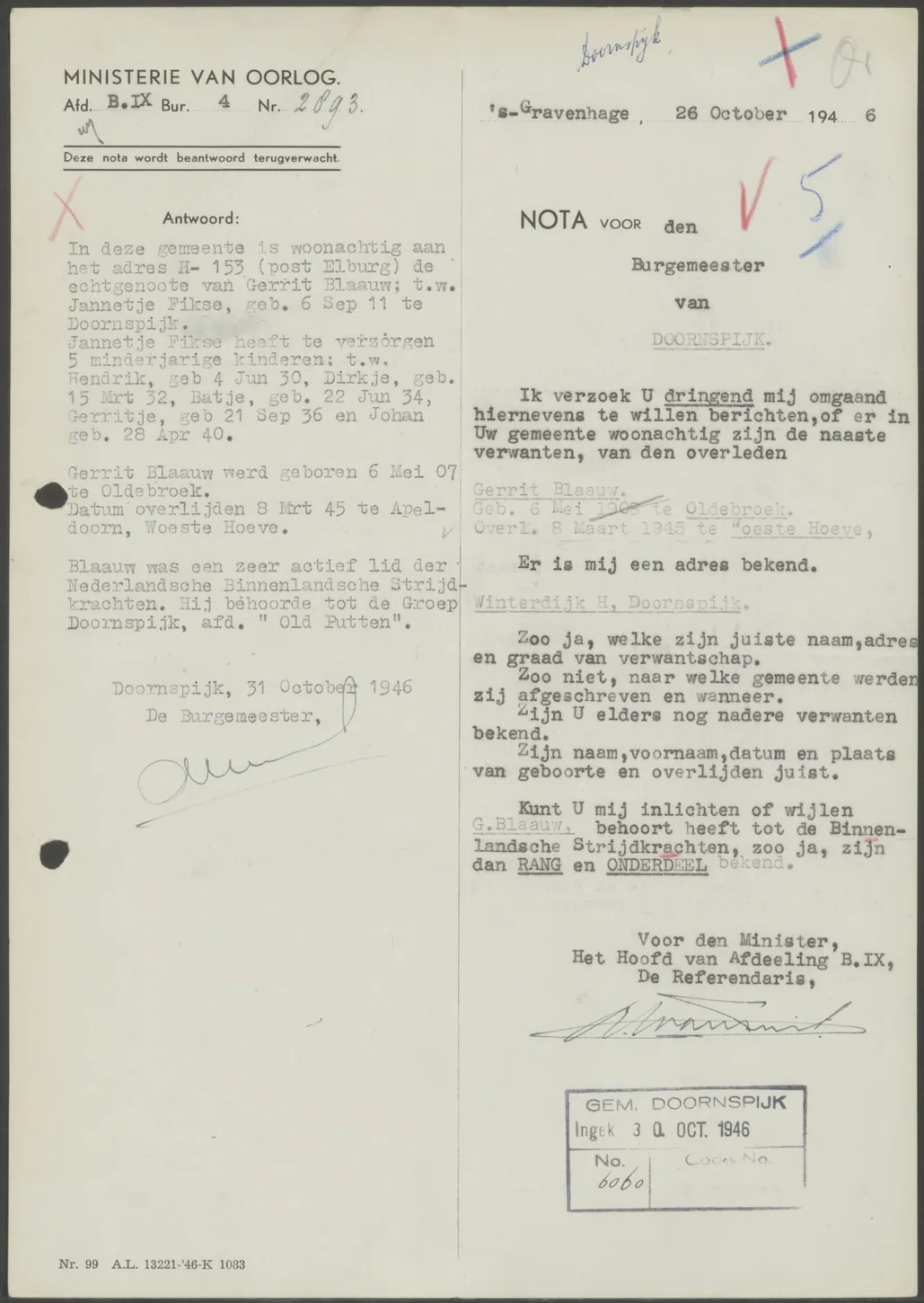 1946 official reply confirming Gerrit’s resistance affiliation.