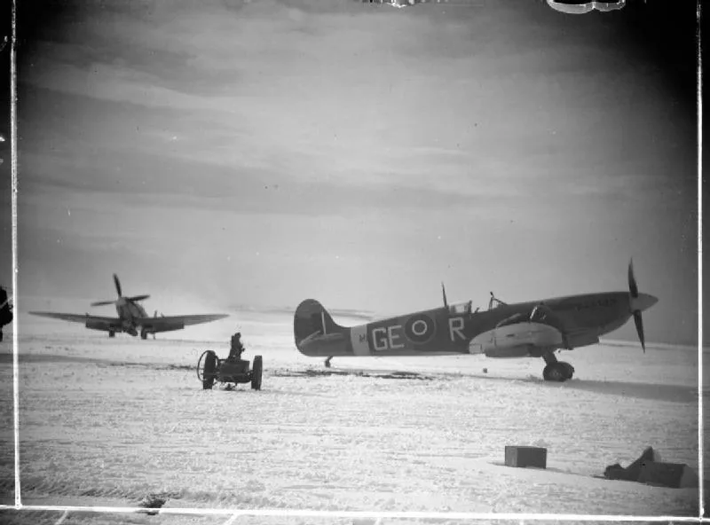 Wartime photograph of Spitfires belonging to No. 349 (Belgian) Squadron RAF.